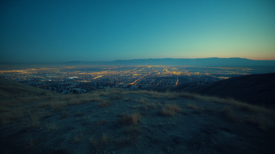AI-generated backdrop: city at dusk