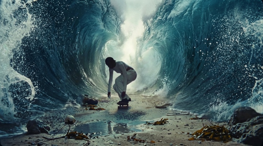 AI-generated image: skateboarder parting the sea